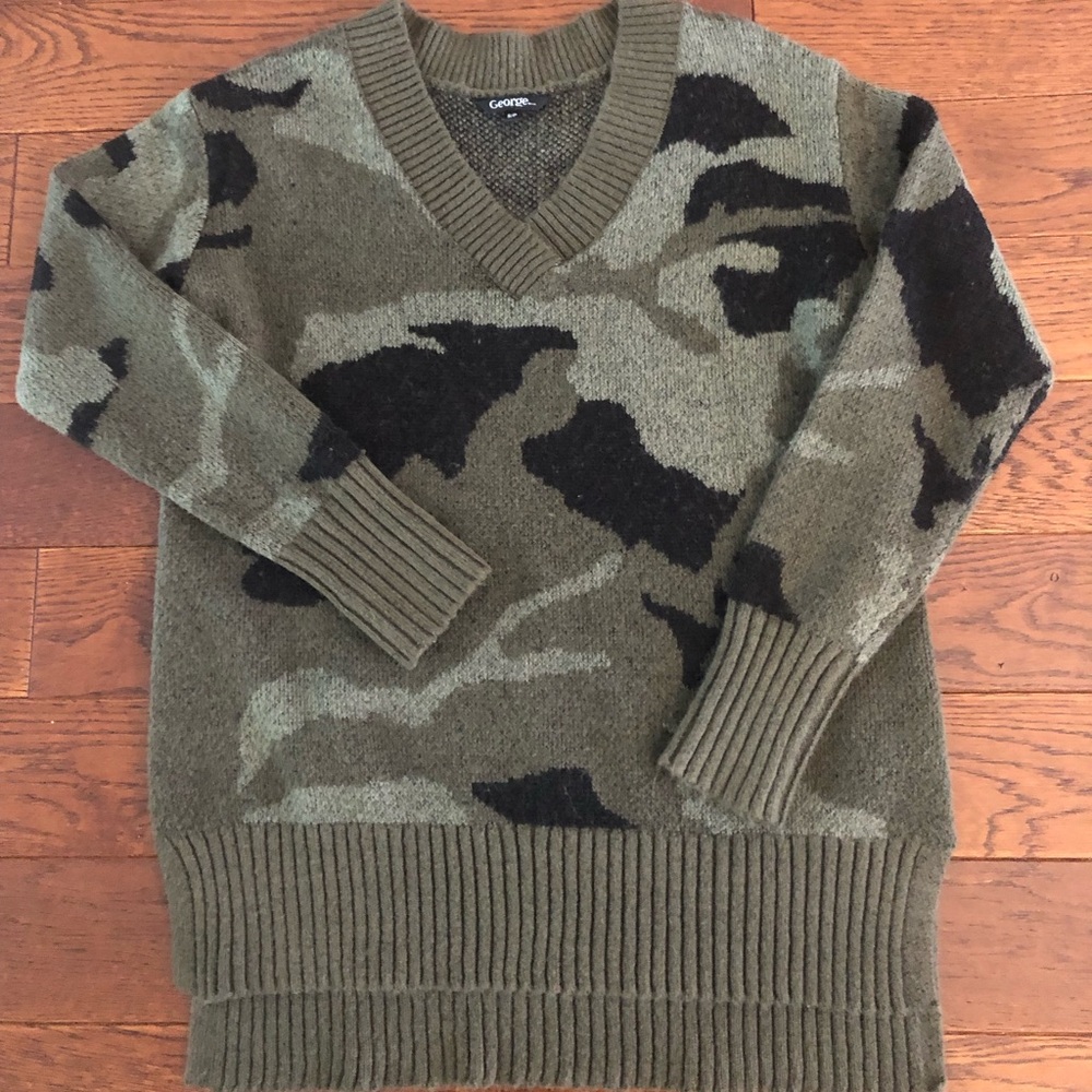 George Womens Knit Camo V-neck Sweater Green Black - S